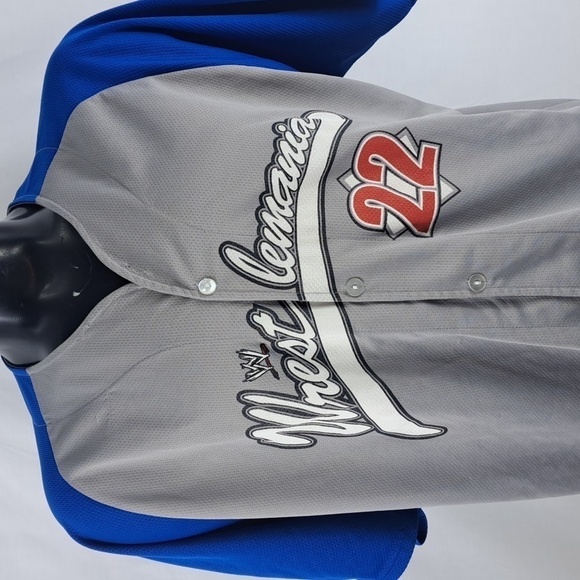 WWE 2006 Wrestle Mania 22 wrestling baseball jersey Men's XL gray and blue - Picture 1 of 9